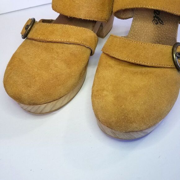 Free People Suede Park Circle Platform Buckle Round Toe Chunky Wood Clogs in Tan - Picture 8 of 16